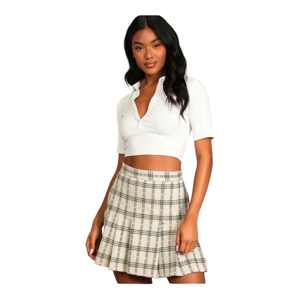 FREE PEOPLE Honey Plaid Pleated Skater Mini Skirt 12 Yellow Multi EUC!